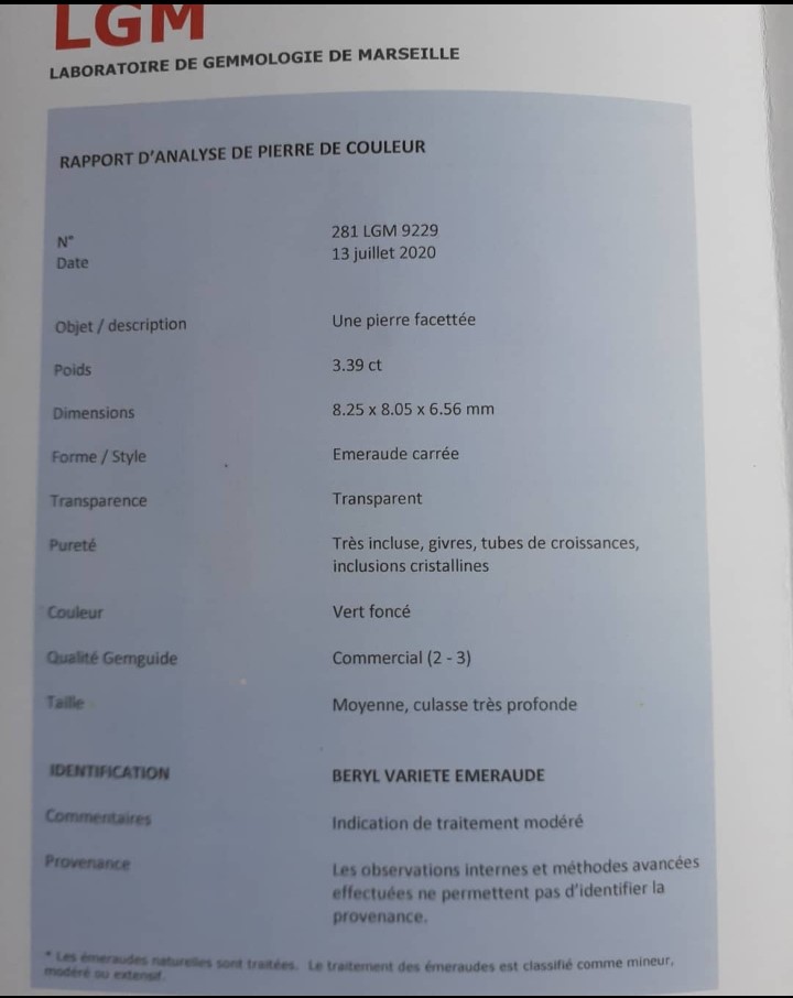 Photo rapport d'analyse émeraude par le LGM