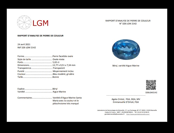 Rapport d'analyse du Laboratoire de Gemmologie à Marseille